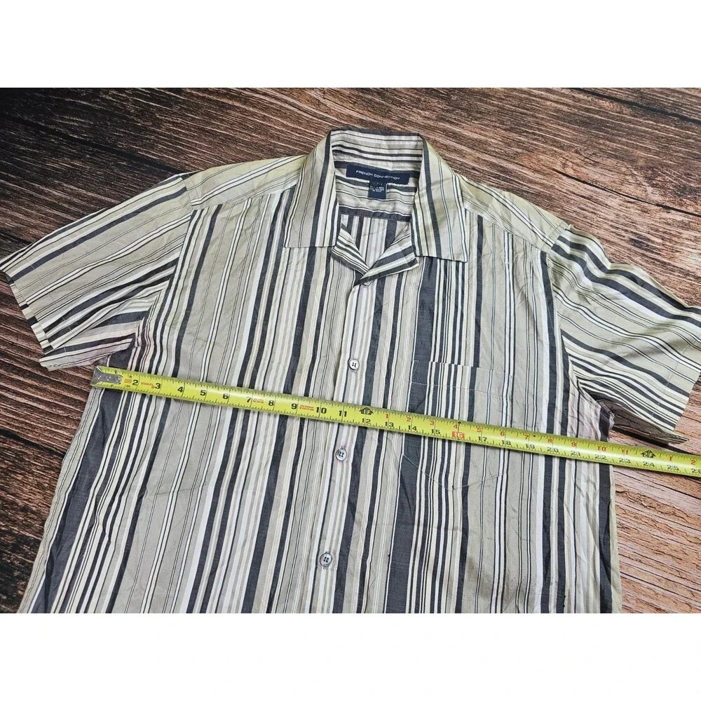 French Connection 100% Silk Short Slv Button Up Shirt Gray White Striped Men L